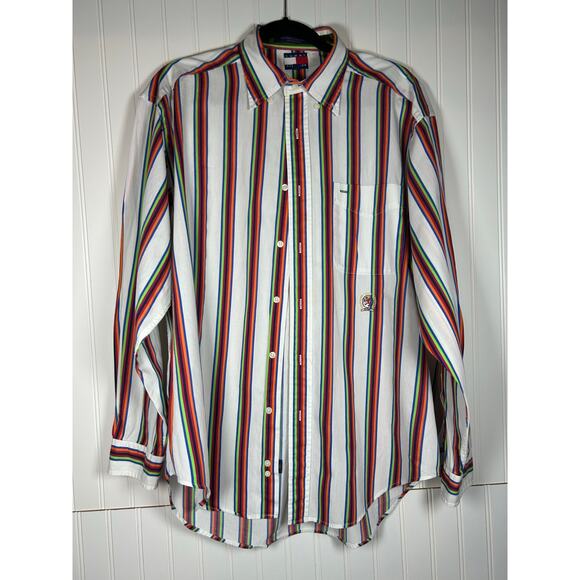 Vtg Y2K 90s Tommy Hilfiger Sz M Button Down Shirt Color Block Preppy Fits Like L - Picture 1 of 11